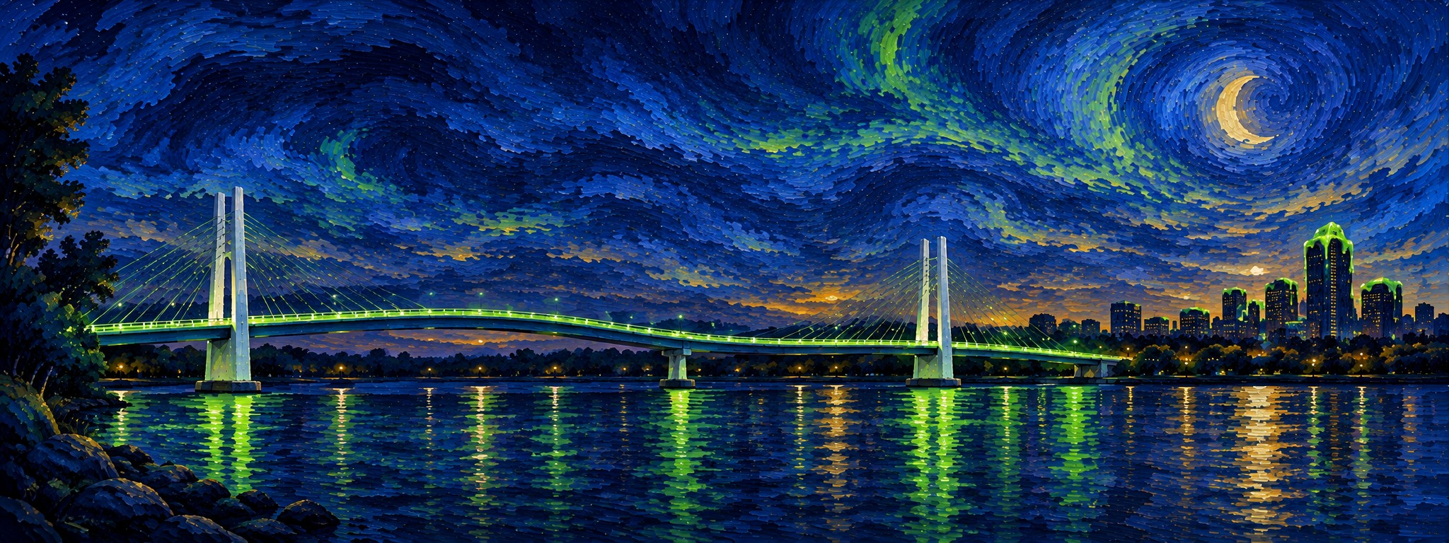 The same river at night: the footbridge lit green, a crescent moon, the last of the slime dripping from the tallest tower