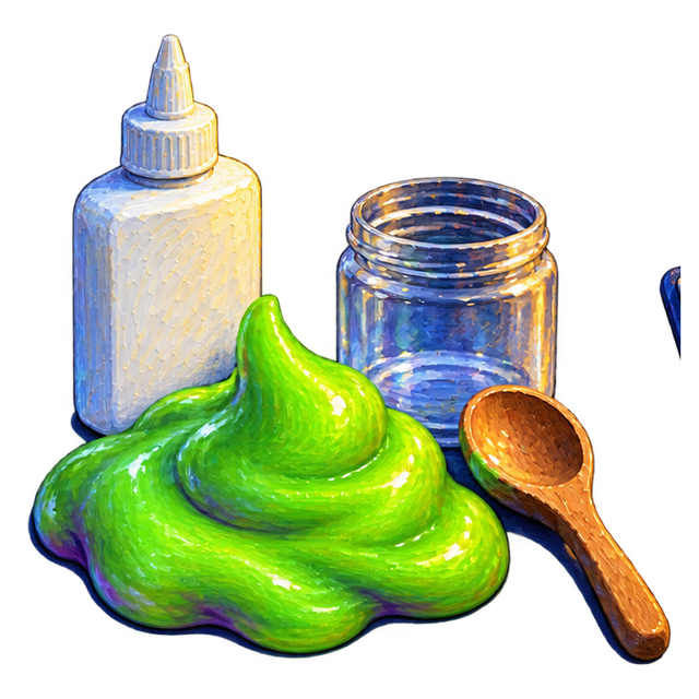 A glue bottle, a jar and a wooden spoon beside a dollop of green slime