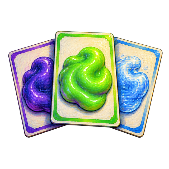 Three painted recipe cards, each with a blob of green, purple or blue slime