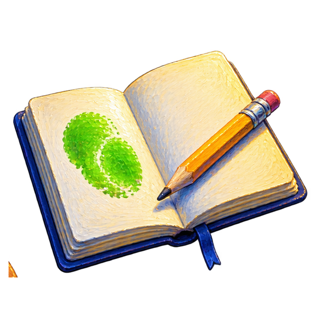 An open notebook with a green slime thumbprint and a pencil