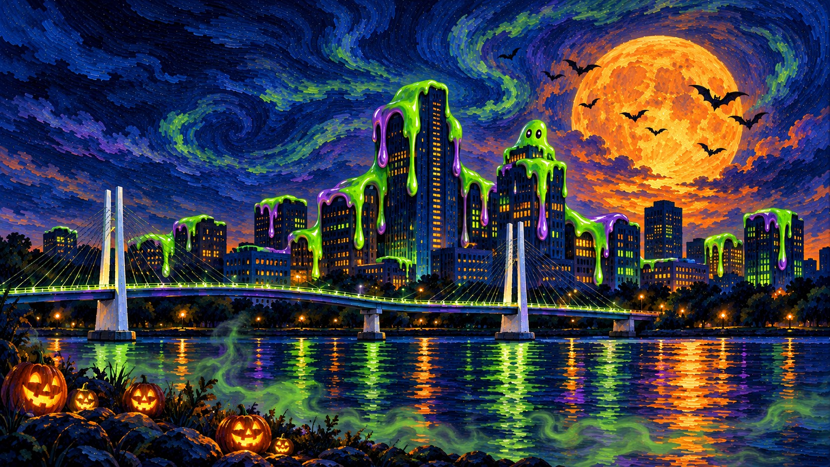Painted Halloween night over a river city: green and purple slime drips down the skyscrapers under a huge orange moon with bats, jack-o'-lanterns glow on the riverbank, a slime ghost peeks over the tallest tower